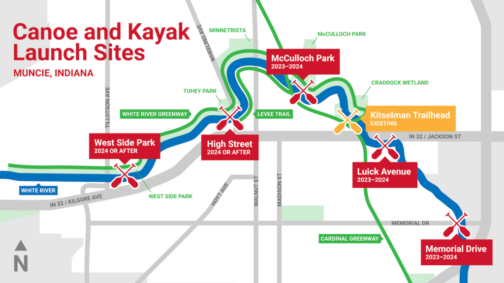 Conceptual map of future canoe and kayak launch sites in Muncie, Indiana.