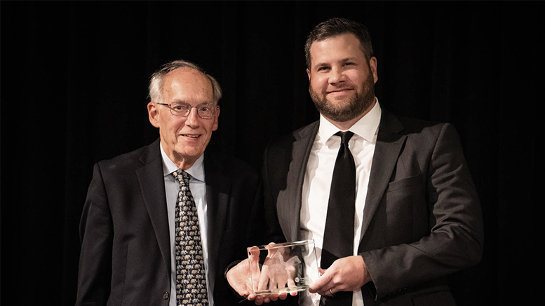 Jon Moll (L) is pictured with Nick Tokar (R) Chairman Of the Greater Muncie Chamber of Commerce Board os Directors. Photo by Matt Howell