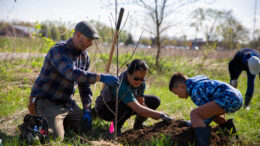 Chris Allen holds a tree in place while his wife, Christine, and son, Henry, shove dirt into the hole at Dutro-Ernst Woods, Saturday, April 22, 2023 in Muncie, Ind. Christine said she met her husband while volunteering and they both love hiking on Red-Tail properties, and they both wanted to teach their son the value of volunteering. Photo by Jaden Whiteman.