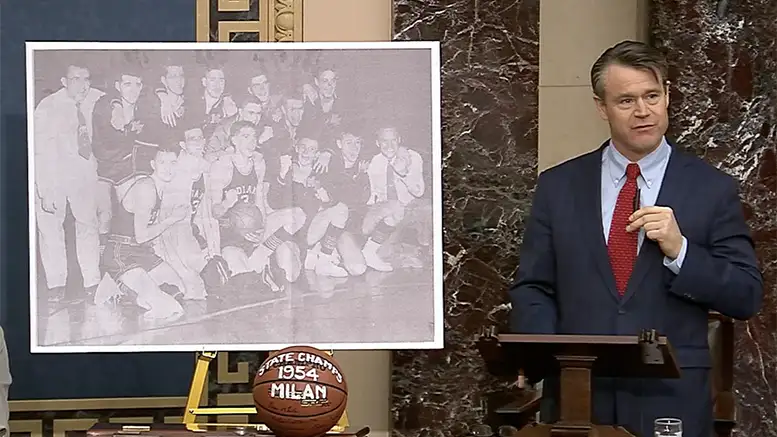 U.S. Senator Todd Young is pictured making remarks about the "Milan Miracle" on the Senate floor. Photo by Senator Young press office