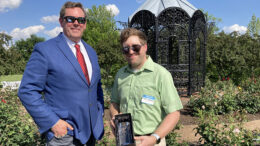 Jud Fisher, President & CEO of Ball Brothers Foundation, awarding Chris Horner the Excellence in Teaching Award. Photo provided