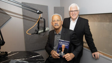Stedman Graham is pictured with Steve Lindell during a WMUN radio interview earlier today. You can listen to the interview in the story below. Photo by Mike Rhodes
