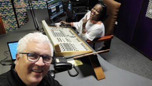 Steve is pictured inside one of the Radio Pacis studios in Arua, Uganda.