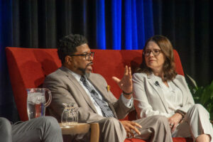 Lathay R. Pegues and Elizabeth Roway are pictured during the panel discussion portion of the program. Photo by Mike Rhodes
