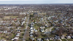 Aerial image of Muncie neighborhoods. Photo by Mike Rhodes
