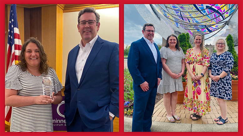 Maleah Parrish, a first-grade teacher at Daleville Elementary School, received the Ball Brothers Foundation's Excellence in Teaching Award from Jud Fisher (left); Jud Fisher stands beside the Excellence in Teaching Award finalists in front of the Catalyst sculpture at Minnetrista (right). Photo provided.
