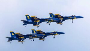F/A-18E Super Hornets attached to the “Blue Angels” of the U.S Navy’s flight demonstration squadron, perform a diamond dirty flat pass during the 2025 NAS Oceana Air Show. The theme of this year’s show commemorates 250 years of America’s Navy, honoring it’s legacy, innovation, and enduring strength. U.S. Navy photo by Mass Communication Specialist Seaman Apprentice Zachary Steward.