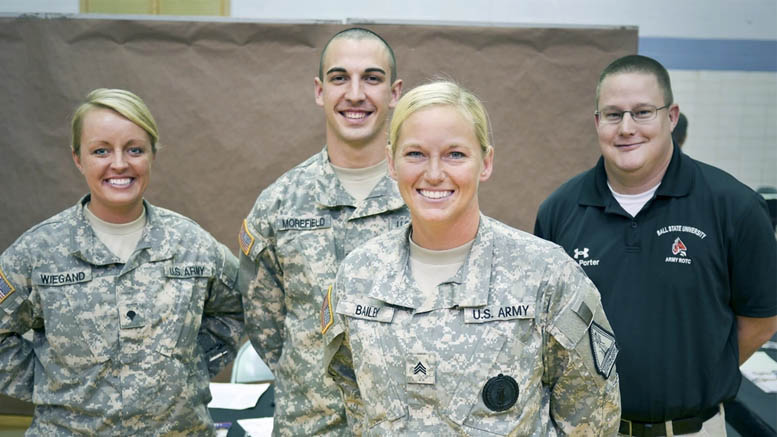 Indiana National Guard Indiana National Guard Recruiter of the Year, Sgt. Brooke Bailey, poses with fellow recruiters at a career fair, Oct. 11, 2013, at the Muncie Area Career Center, Muncie, Ind. Bailey was the first female recruiter to be named Recruiter of the Year in Indiana. U.S. Army National Guard photo by 1st Lt. Brian Weitzeil.
