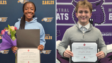 Elizabeth Bamidele (left) from Delta High School and Clayton Dick (right) of Muncie Central High School are the 2026 Lilly Endowment Community Scholarship recipients. Photo provided.