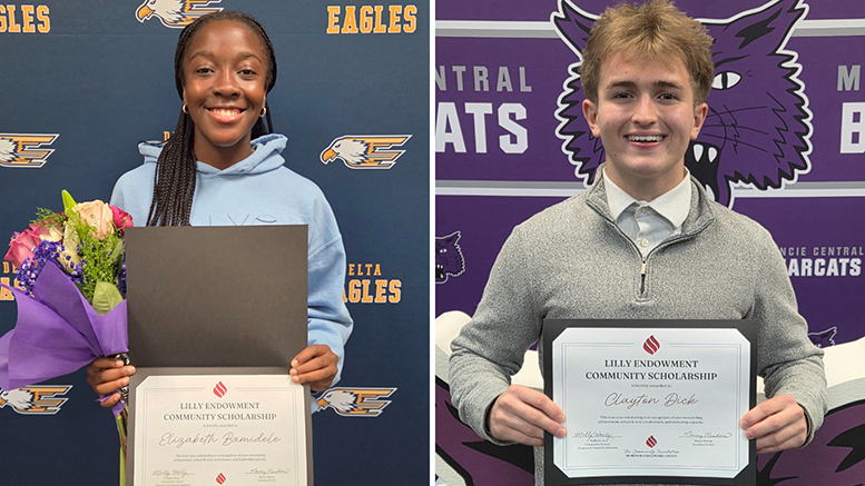 Elizabeth Bamidele (left) from Delta High School and Clayton Dick (right) of Muncie Central High School are the 2026 Lilly Endowment Community Scholarship recipients. Photo provided.