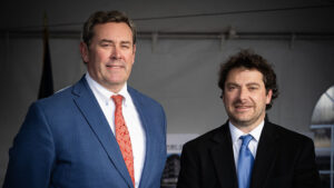 Ball Brothers Foundation President/CEO Jud Fisher (left) and Nate Howard, Executive Director of the Muncie Land Bank (right), at a recent event highlighting major redevelopment momentum in Muncie’s Old West End.