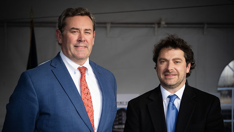 Ball Brothers Foundation President/CEO Jud Fisher (left) and Nate Howard, Executive Director of the Muncie Land Bank (right), at a recent event highlighting major redevelopment momentum in Muncie’s Old West End.