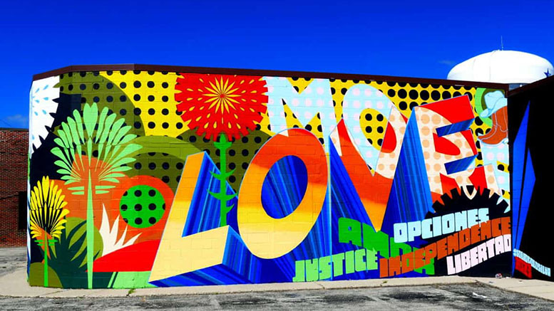 "More Love," by Chris Silva, 2023. A public art mural funded by American Rescue Plan Act funds, authorized by the City of Muncie, at Future Choices, 905 South Walnut St., Muncie. Photo by Phil Allen.