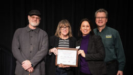 Muncie Arts and Culture Council (MuncieArts) receives 15-Year Longevity Award from the Greater Muncie Chamber of Commerce. Pictured are board members Kevin Klinger (Chair, Building Committee) and Michelle Kinsey (Vice President), Tania Said (Executive Director), and Carl Schafer (Treasurer and Founding Board President.) Photo by Matt Howell.