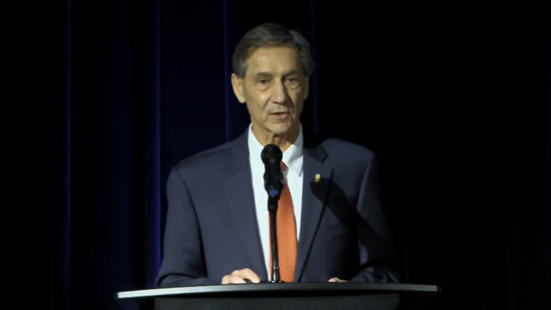 Muncie Mayor Dan Ridenour is pictured speaking at the State of the Community event held at the Horizon Convention Center.