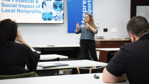 Jena Ashby, Relationship and Resource Director for the Nonprofit Support Network, presents new research on the local impact of nonprofits at the Innovation Connector. Photo by Matt Howell, Farmhouse Creative.